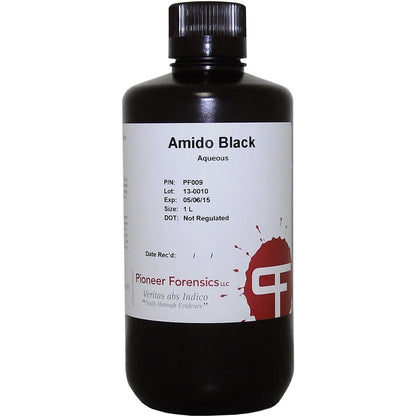 Pioneer Forensics Amido Black Methanol Base — ready-to-use blue-black protein stain for blood-contaminated latent prints