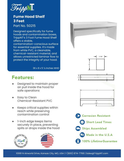 TrippNT 50215 — laboratory in-use view inside fume hood showing full 36-inch span staging