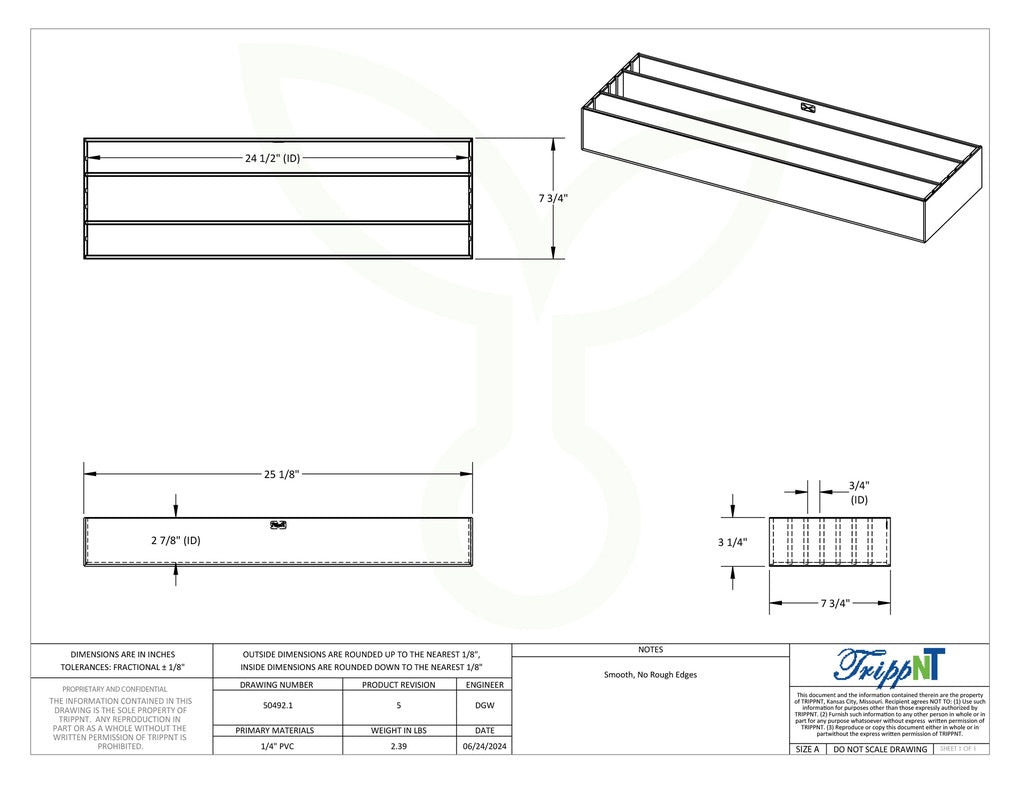 TrippNT 50492 Pipette Drawer Organizer - Angled View Showing PVC Tray Construction