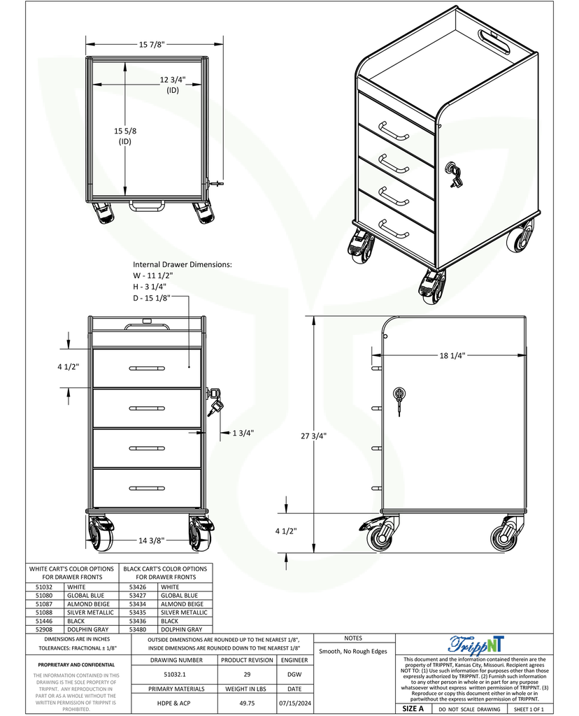 Compact 4-Drawer Locking Lab Cart | HDPE Mobile Storage 51080