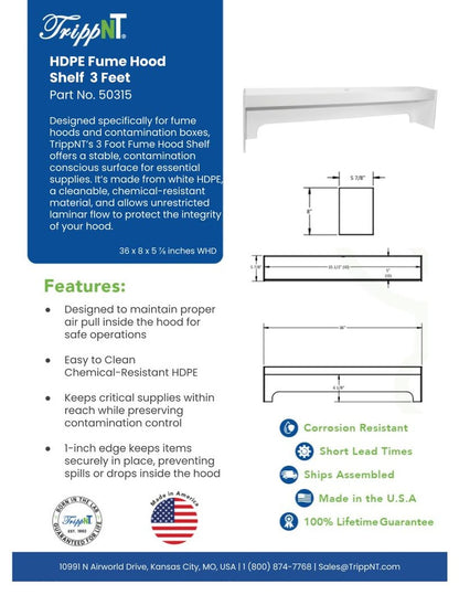 TrippNT 50315 — laboratory in-use view inside acid-chemistry fume hood showing HDPE shelf loaded