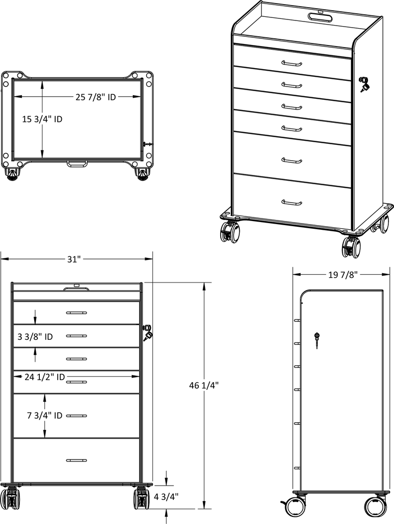 TrippNT 51071 — front view showing 6 Global Blue locking drawers on white body