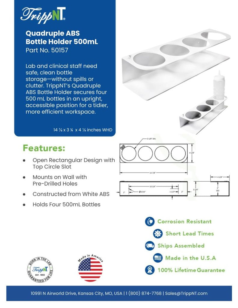 TrippNT 50157 — laboratory in-use view with 4 x 500mL HPLC solvent bottles mounted on fume hood panel