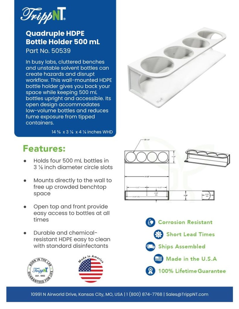 TrippNT 50539 — laboratory in-use view on fume hood interior wall with 4 solvent wash bottles secured in circle slots