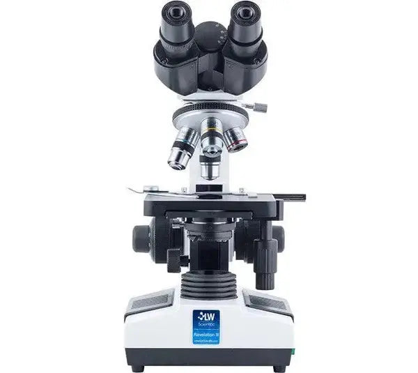 LW Scientific R3M-TN4A-DPL3 professional plan microscope trinocular with DIN plan objectives, trinocular Seidentopf head, mechanical stage, and LED illumination