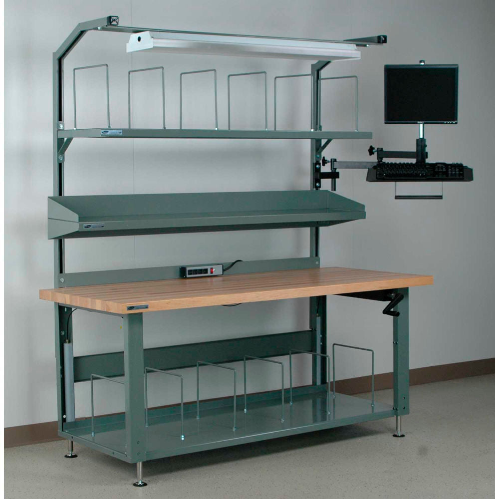 Stackbin No. 3 Hydraulic Adj. Height Packing Workbench, Butcher Block Square Edge, 60"W x 36"D, Gray