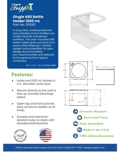 TrippNT 50080 — laboratory in-use view with 1L amber glass solvent bottle mounted in fume hood