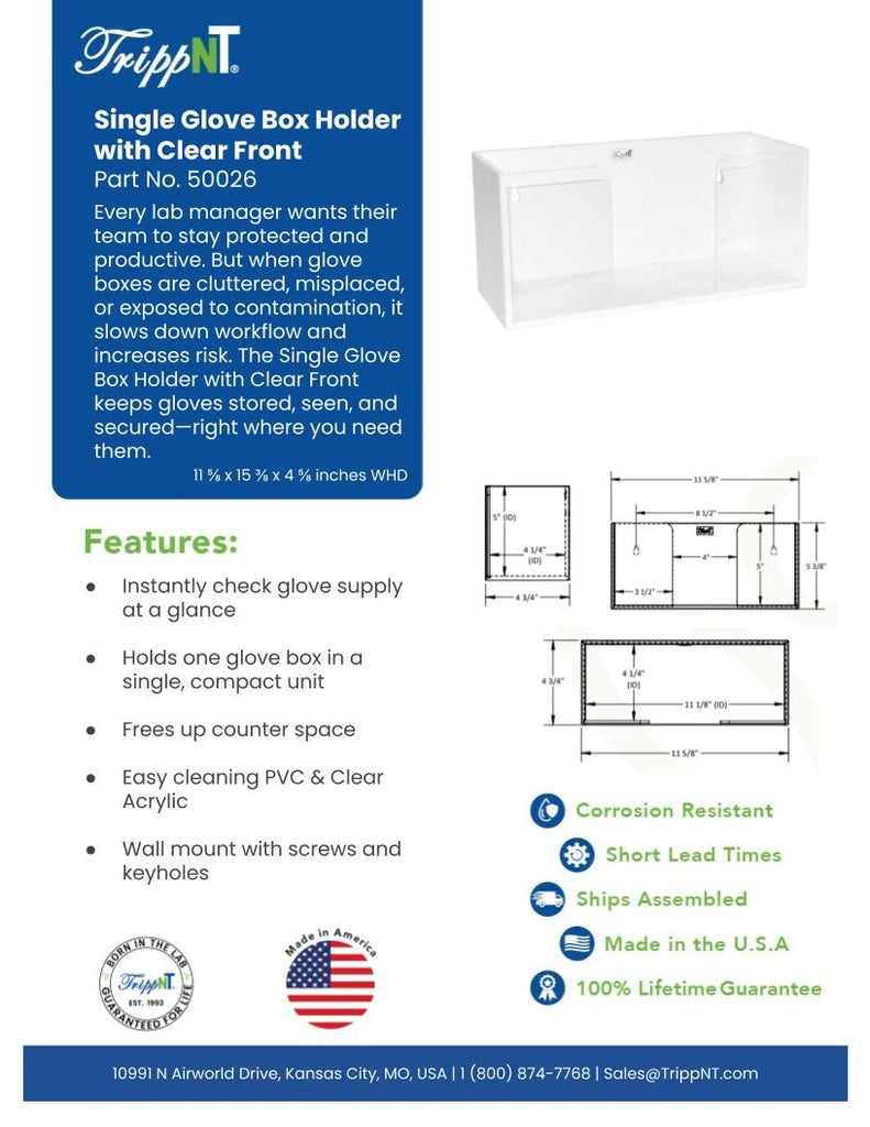 TrippNT 50026 — in-use view wall-mounted at BSC or clinical workstation with glove box loaded