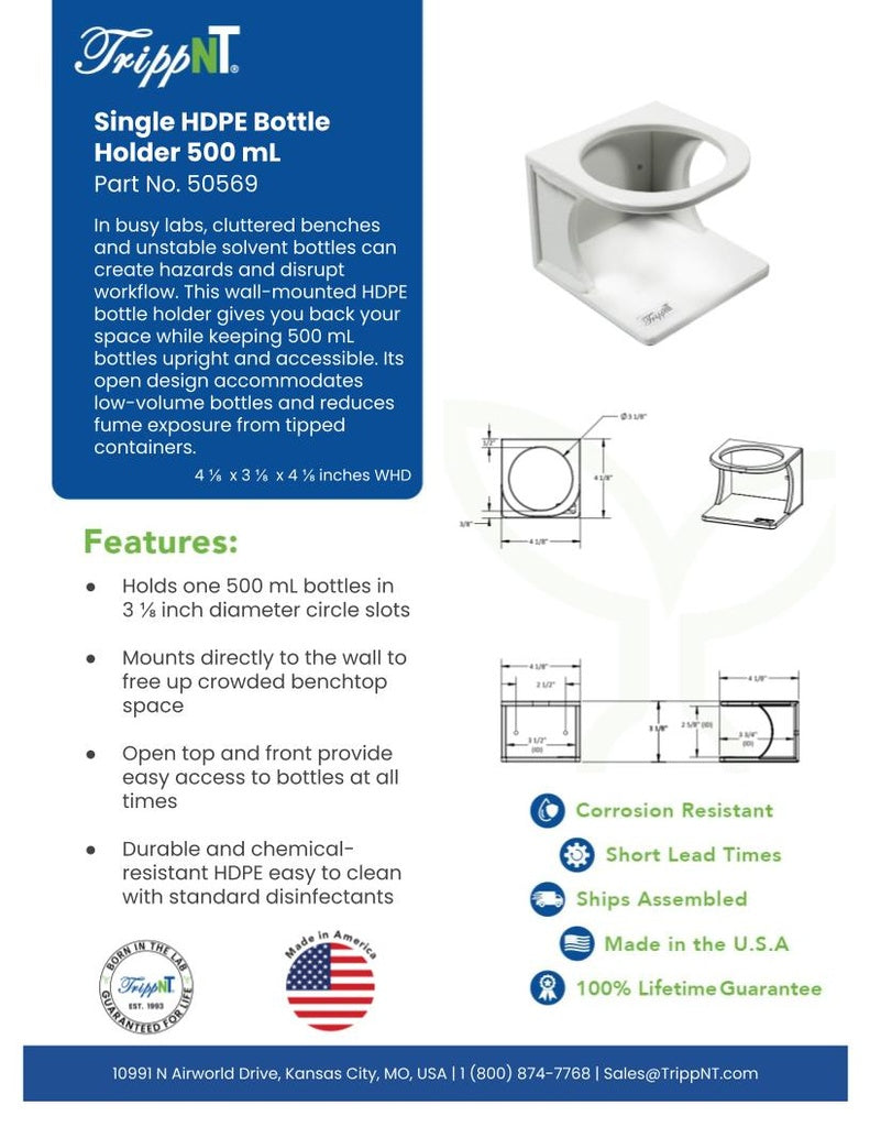 TrippNT 50569 — laboratory in-use view on fume hood interior wall with single solvent bottle secured