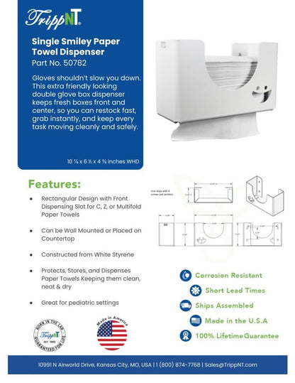 TrippNT 50782 — in-use view in pediatric clinical setting showing smiley face dispenser on exam room wall