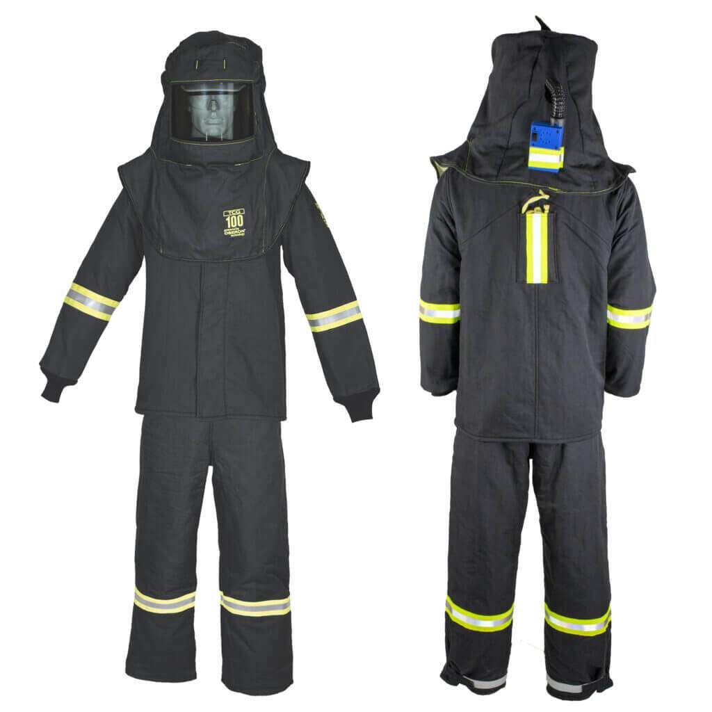 Oberon TCG 100 Cal Arc Flash Suit Set w/ Escape Strap, Light, and Vent with HVSL Hood Ventilation