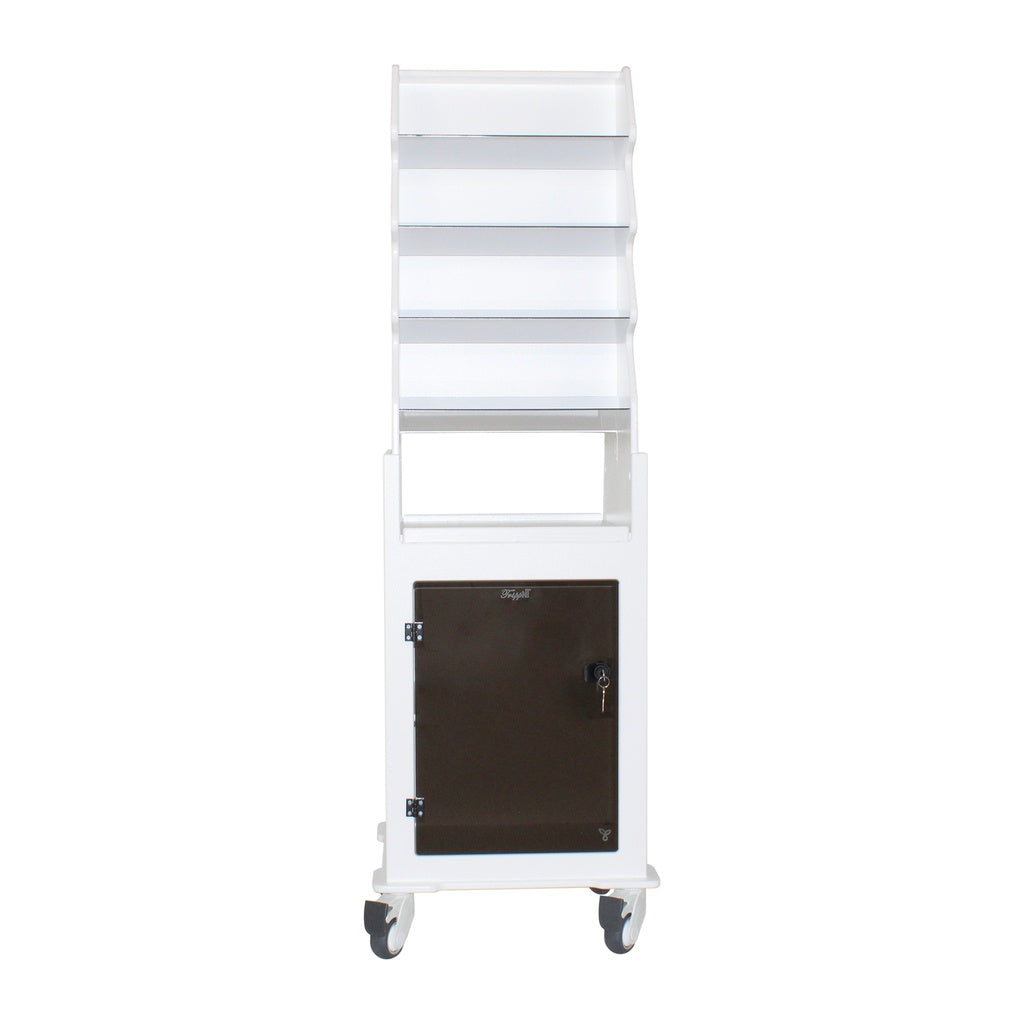 TrippNT 54056 Suture Cart - Smoked Tuff-Glass Lockable Door Open Showing Adjustable Shelf