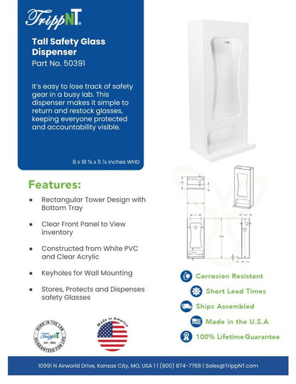 TrippNT 50391 — laboratory in-use view wall-mounted at PPE compliance station with glasses dispensed