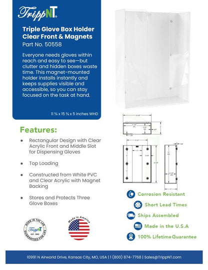 TrippNT 50558 — laboratory in-use view on BSC side baffle showing 3-size glove visibility from clear front