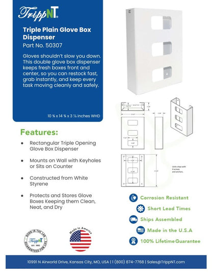 TrippNT 50307 — laboratory in-use view with 3 glove box sizes (S/M/L) loaded in clinical workstation