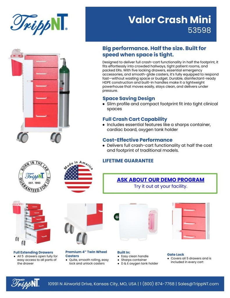 TrippNT 53598 — clinical in-use view showing Valor Mini staged at ED satellite crash cart position
