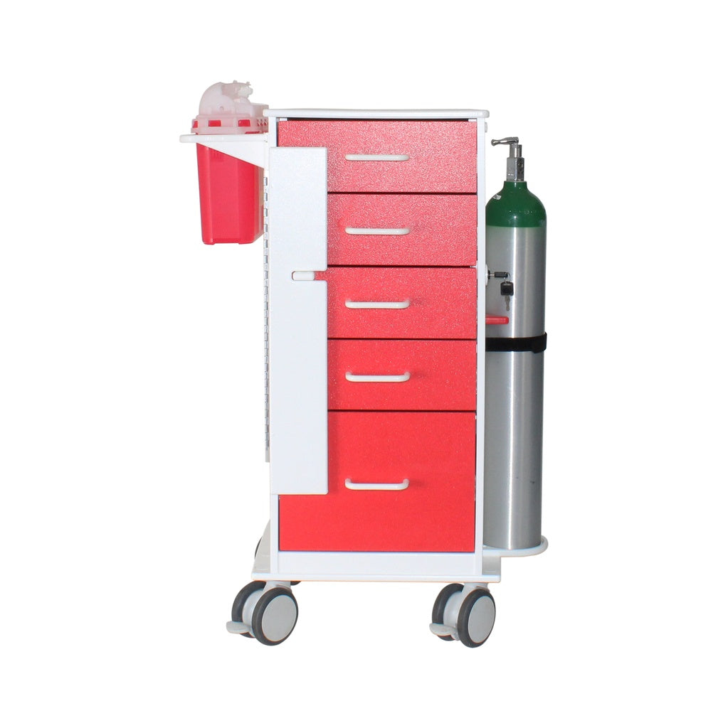 TrippNT 53598 — front view showing 5 red locking drawers, railtop security rail, and Hafele cam key lock