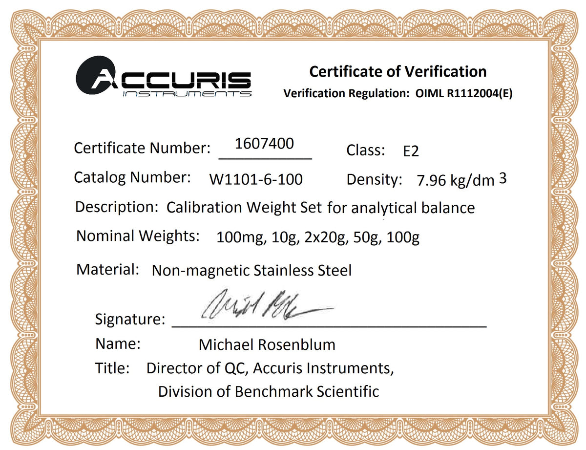 Accuris Class E2 Calibration Weight Set W1101-6-100