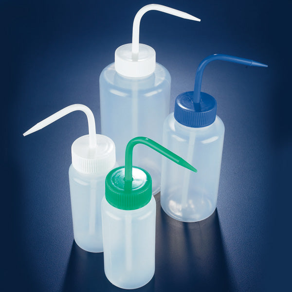 Wash Bottles, Wide-Mouth LDPE — 250/500/1000 mL, 5 Colors & DIY Write-On, Pack of 12 | Globe Scientific