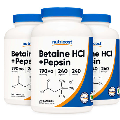 nutricost Dietary Supplement Betaine HCl / Pepsin 790 mg Strength Capsule