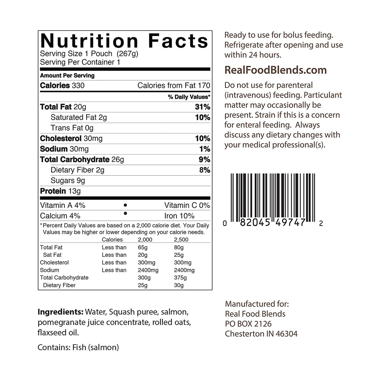 Real Food Blends™ Salmon, Oats & Squash Puree for Tube Feeding, pouch