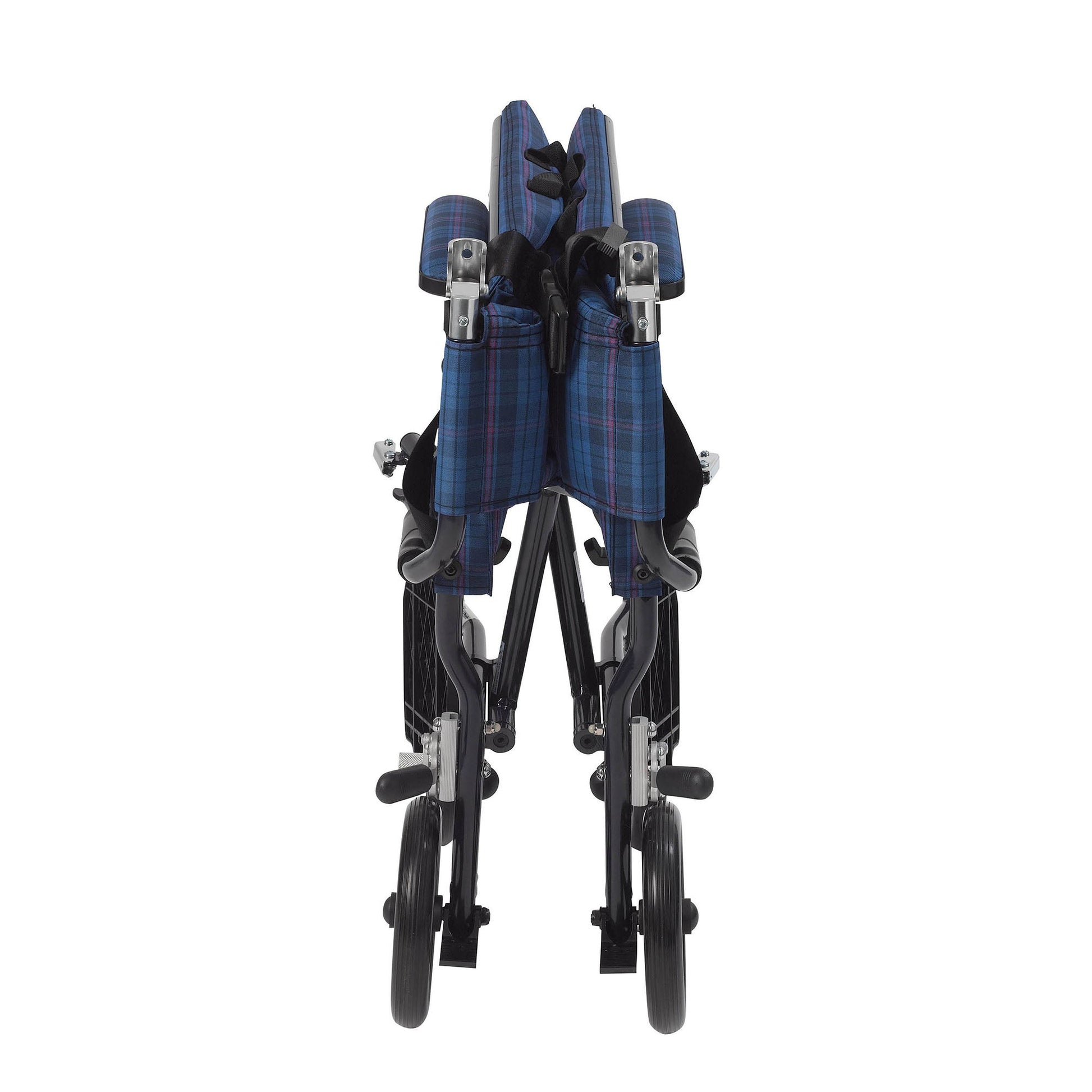 drive™ Fly-Lite Ultra Transport Wheelchair, Blue Frame w/ Plaid Upholstery
