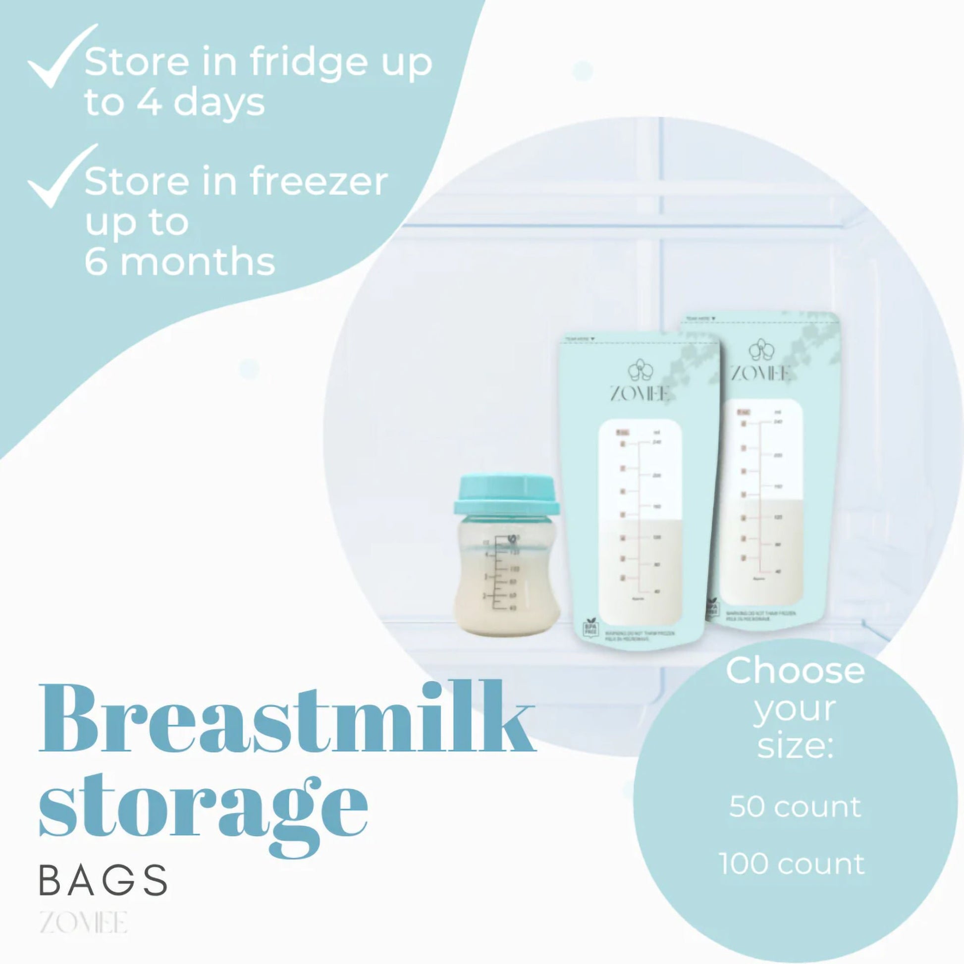 Zomee Breast Milk Storage Bag Food Grade Plastic Clear / Green