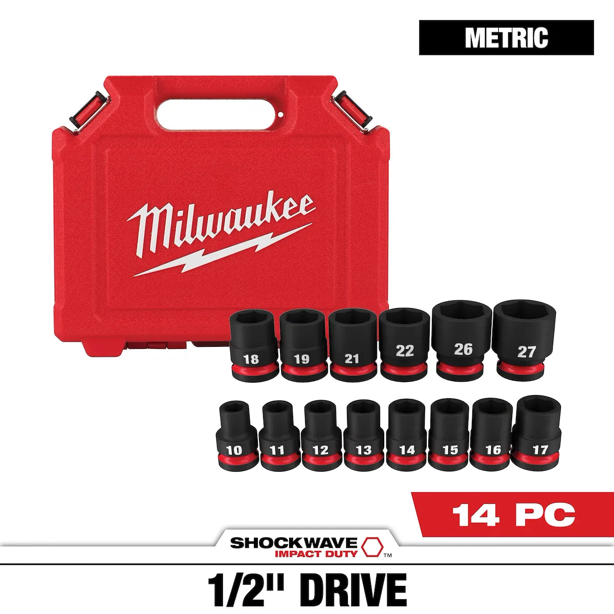 Milwaukee 14PC SHOCKWAVE Impact Duty 1/2" Drive Metric Standard 6 Point Socket Set 49-66-6258