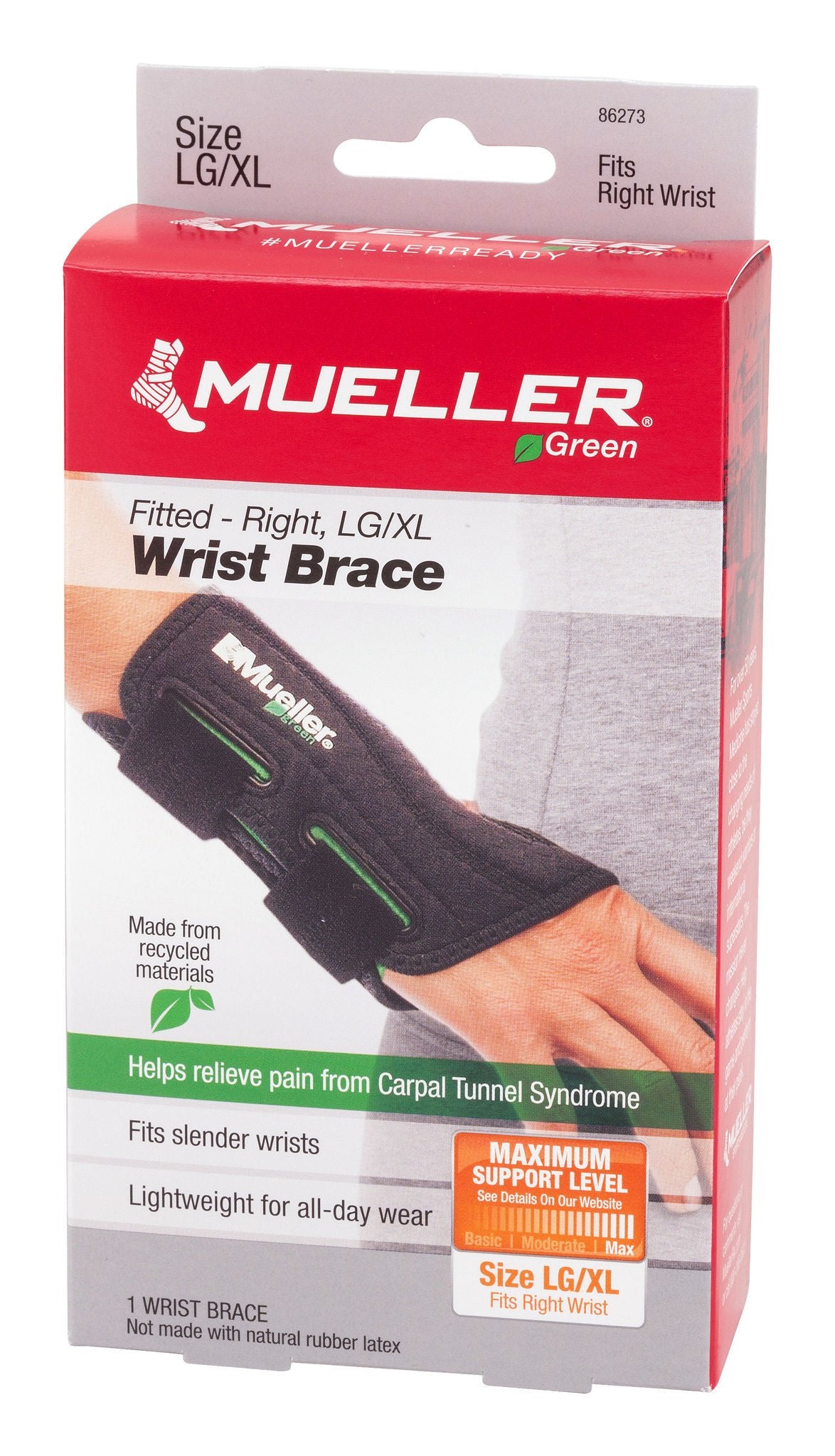 Mueller Green Wrist Brace Plastic / Spandex Right Hand Black