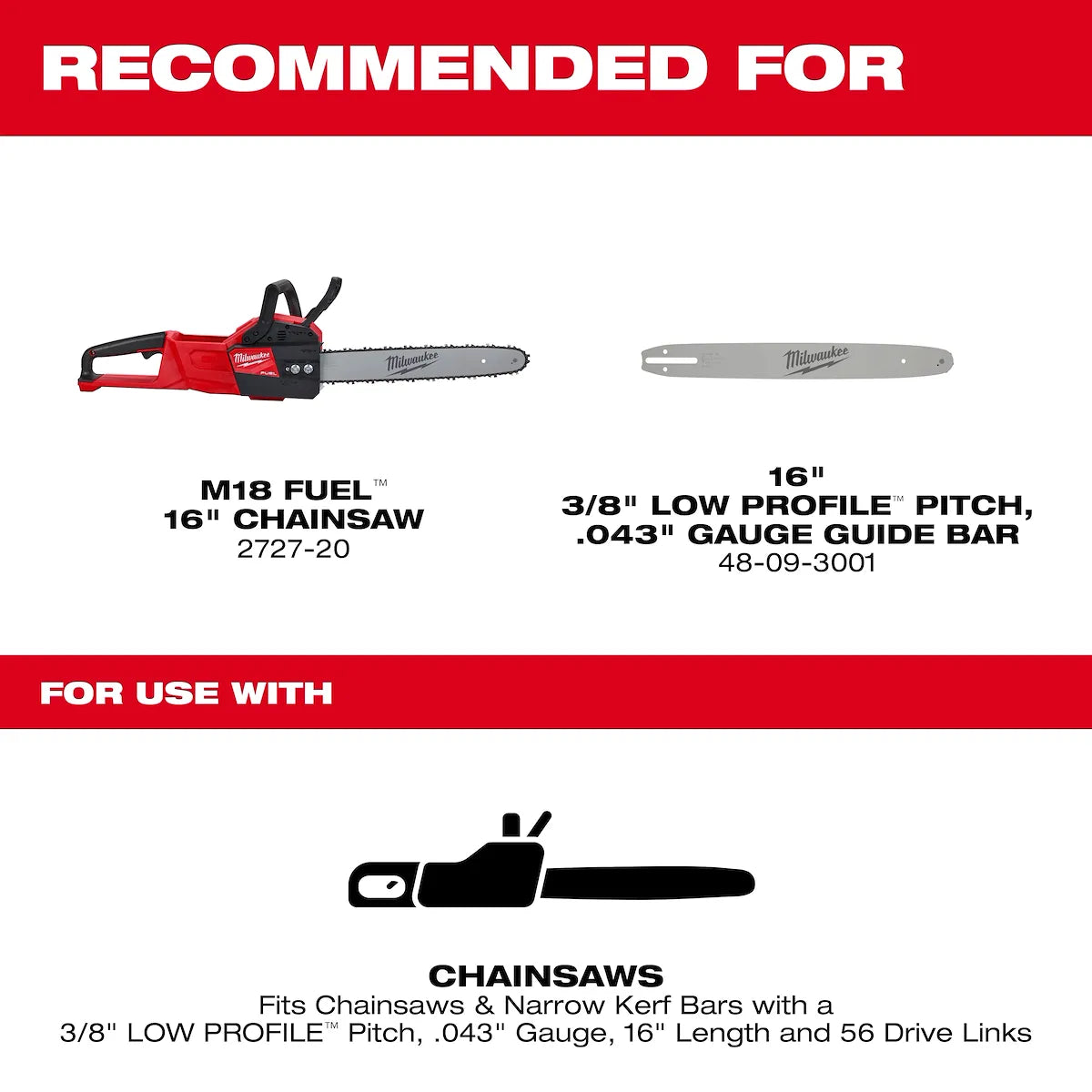 Milwaukee 16" 3/8" LOW PROFILE Pitch, .043" Gauge Saw Chain 49-16-2715
