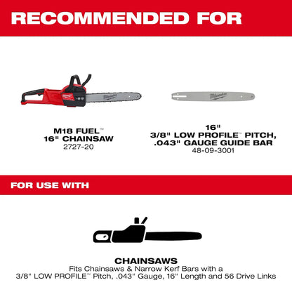 Milwaukee 16" 3/8" LOW PROFILE Pitch, .043" Gauge Saw Chain 49-16-2715