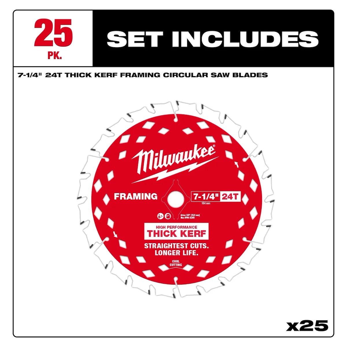 Milwaukee 7-1/4" 24T Thick Kerf Framing Circular Saw Blade Contractor Pack (25 PK) 48-40-2740 | 25-Piece