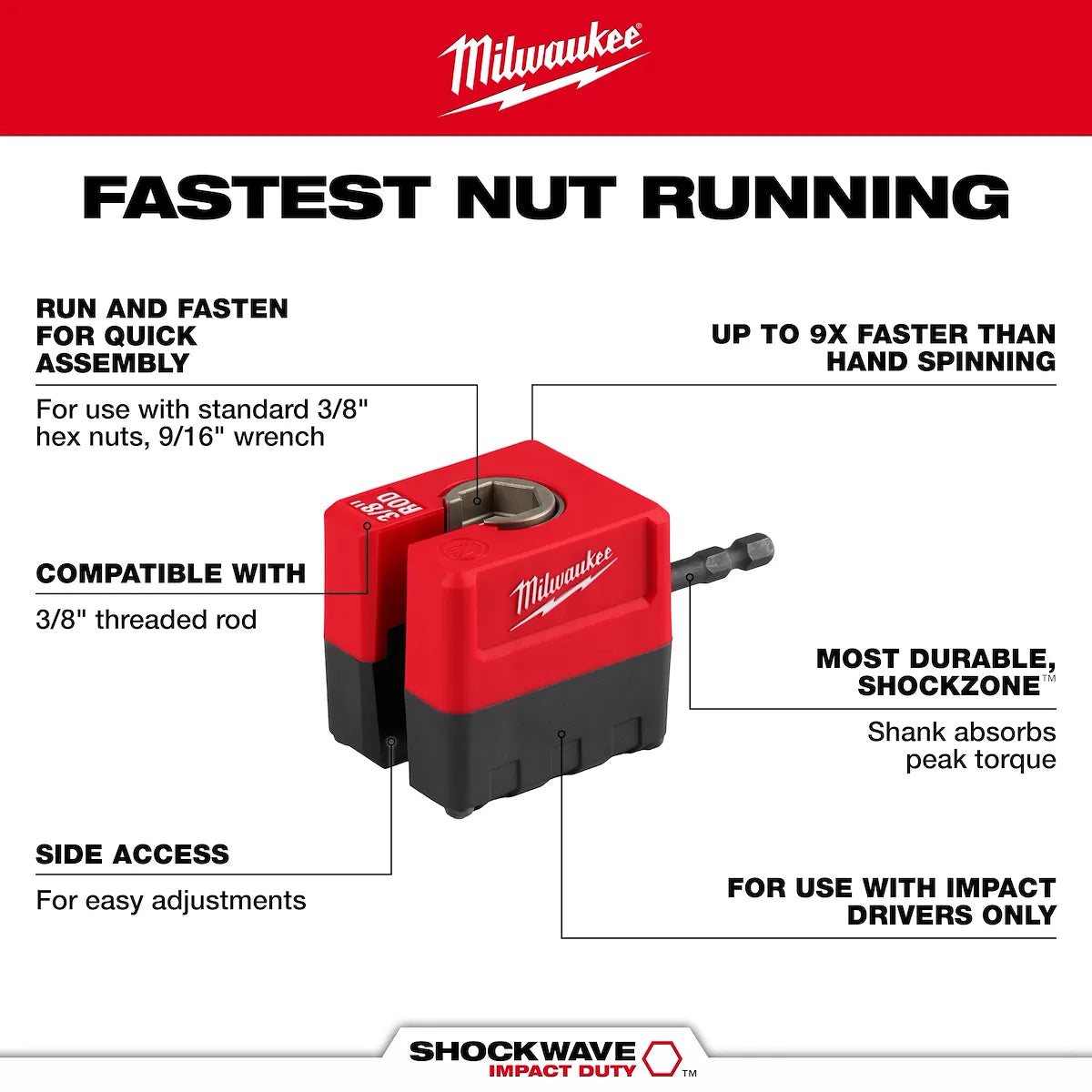 Milwaukee SHOCKWAVE Impact Duty 3/8" Threaded Rod Nut Runner 48-32-2391 | Not Applicable Battery