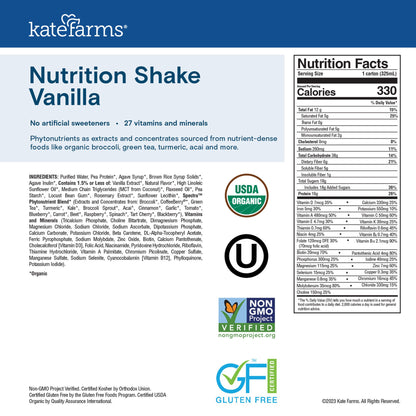 Kate Farms® Nutrition Shake, Vanilla, carton