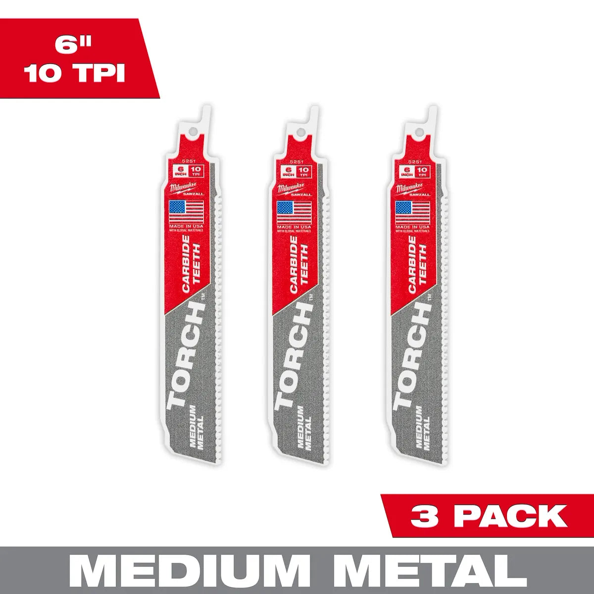 Milwaukee 6" 10 TPI TORCH with Carbide Teeth SAWZALL Blade for Conduit and Strut (3 PK) 48-00-5351 | 6 in Blade Length, 3-Piece