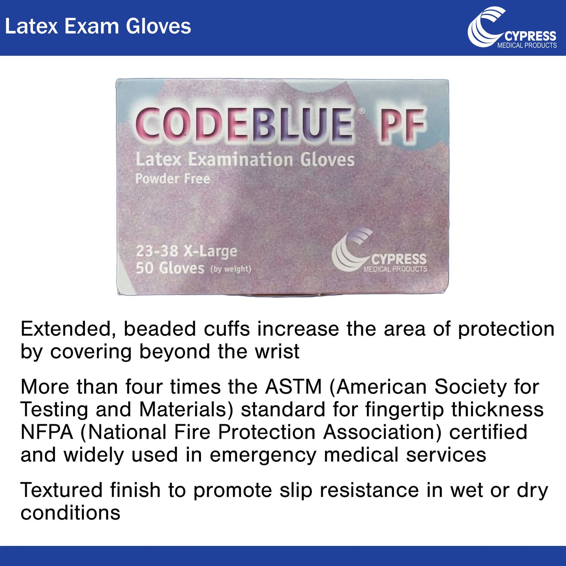 CODEBLUE® PF Latex Exam Gloves, Blue - view 3