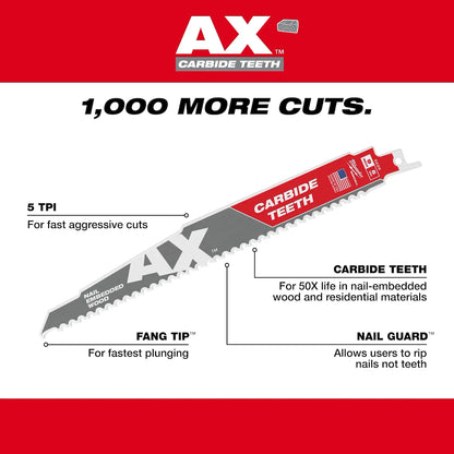 Milwaukee 5PC Wood and Metal Cutting Carbide Teeth SAWZALL Blade Set 49-22-5505 | 5-Piece