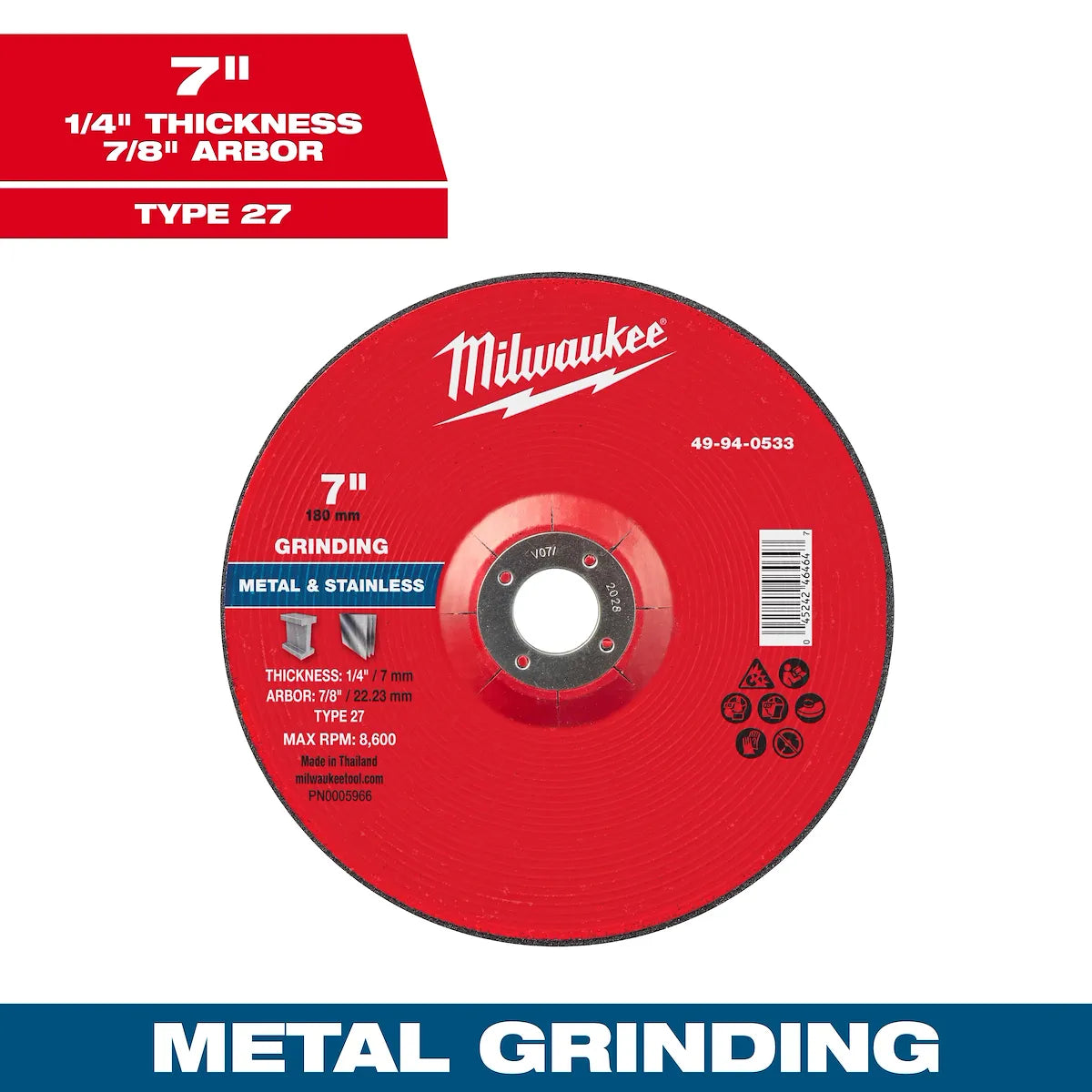 Milwaukee 7" x 1/4" x 7/8" Metal Grinding Wheel - Type 27 49-94-0533