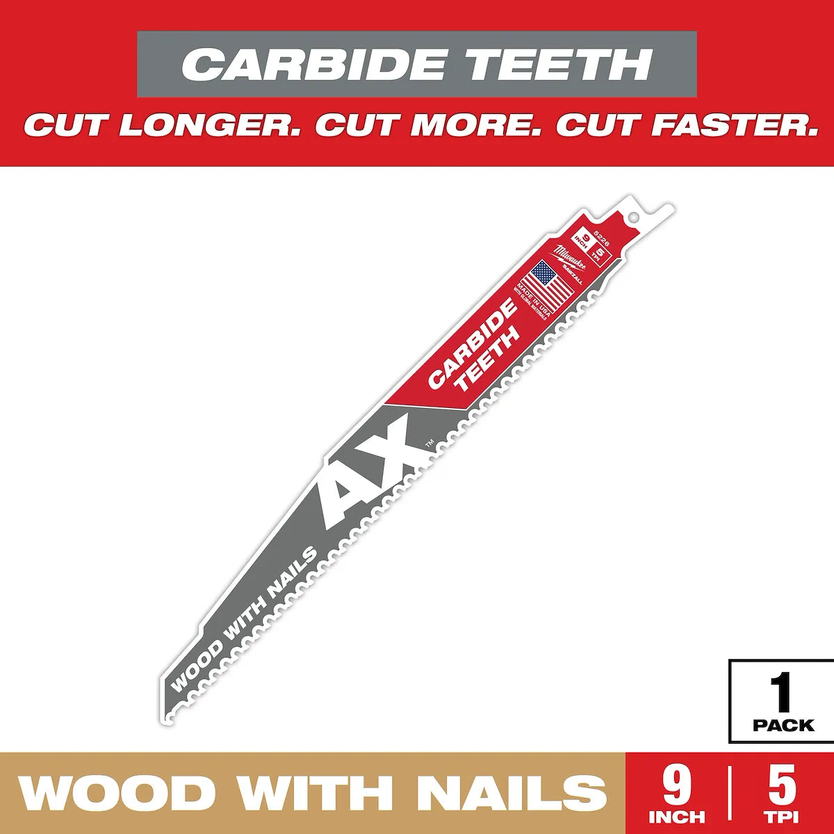 Milwaukee 9" 5 TPI AX with Carbide Teeth SAWZALL Blade for Wood with Nails (1 PK) 48-00-5226 | 9 in Blade Length