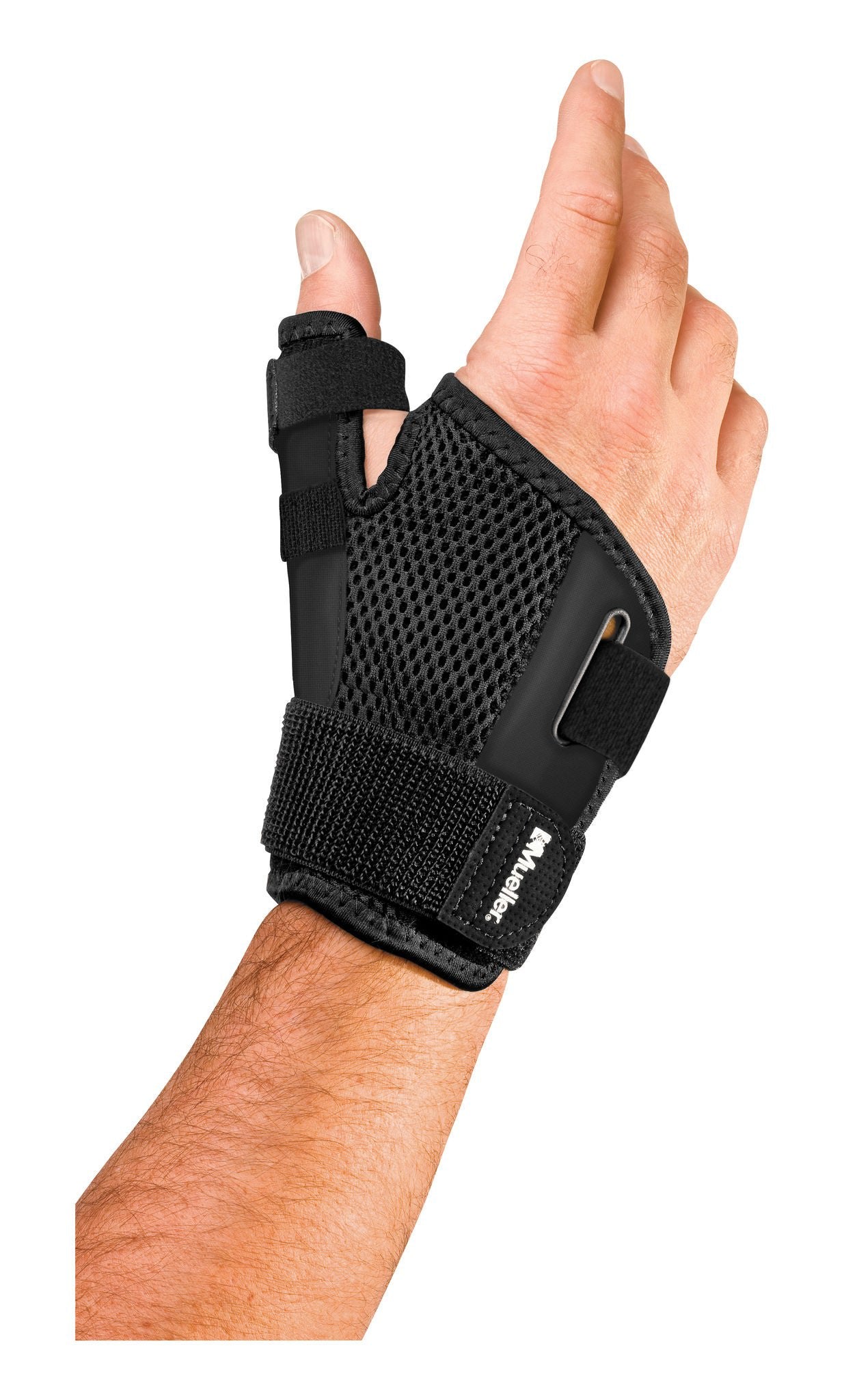 Mueller Sport Care Thumb Stabilizer Adult D-Ring / Hook and Loop Strap Closure Left Hand Black