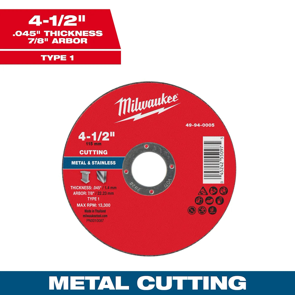 Milwaukee 4-1/2" x .045" x 7/8" Metal Cut Off Wheel -Type 1 49-94-0005