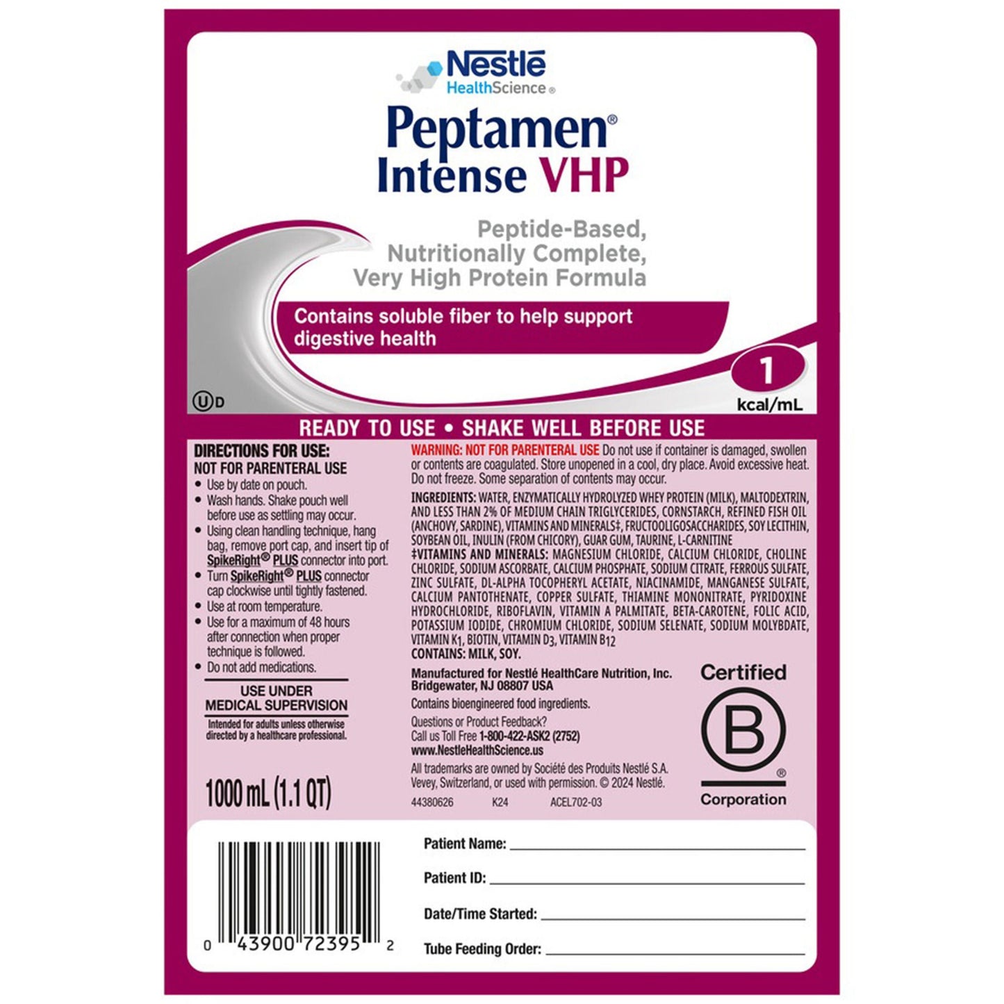 Peptamen® Intense VHP Tube Feeding Peptide-Based Formula, UltraPak® Bag