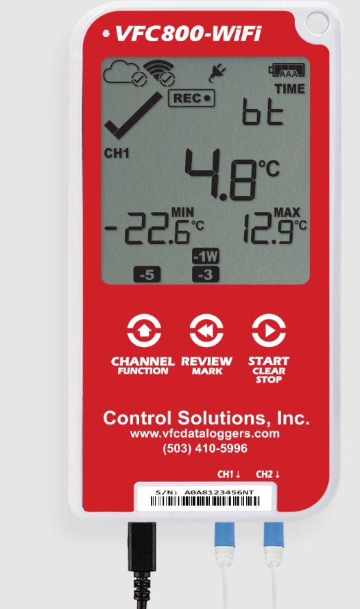 LogTag VFC 800-WiFi Refrigerator / Freezer Vaccine Data Logger with Alarm Kit Fahrenheit / Celsius -40° to 210°F (-40° to +99°C) Glycol Bottle Probe AC Adaptor / USB / Battery Backup