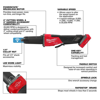 Milwaukee M18 FUEL Variable Speed, Braking Die Grinder, Paddle Switch w/ ONE-KEY 2984-20 | M18 Battery, Metal