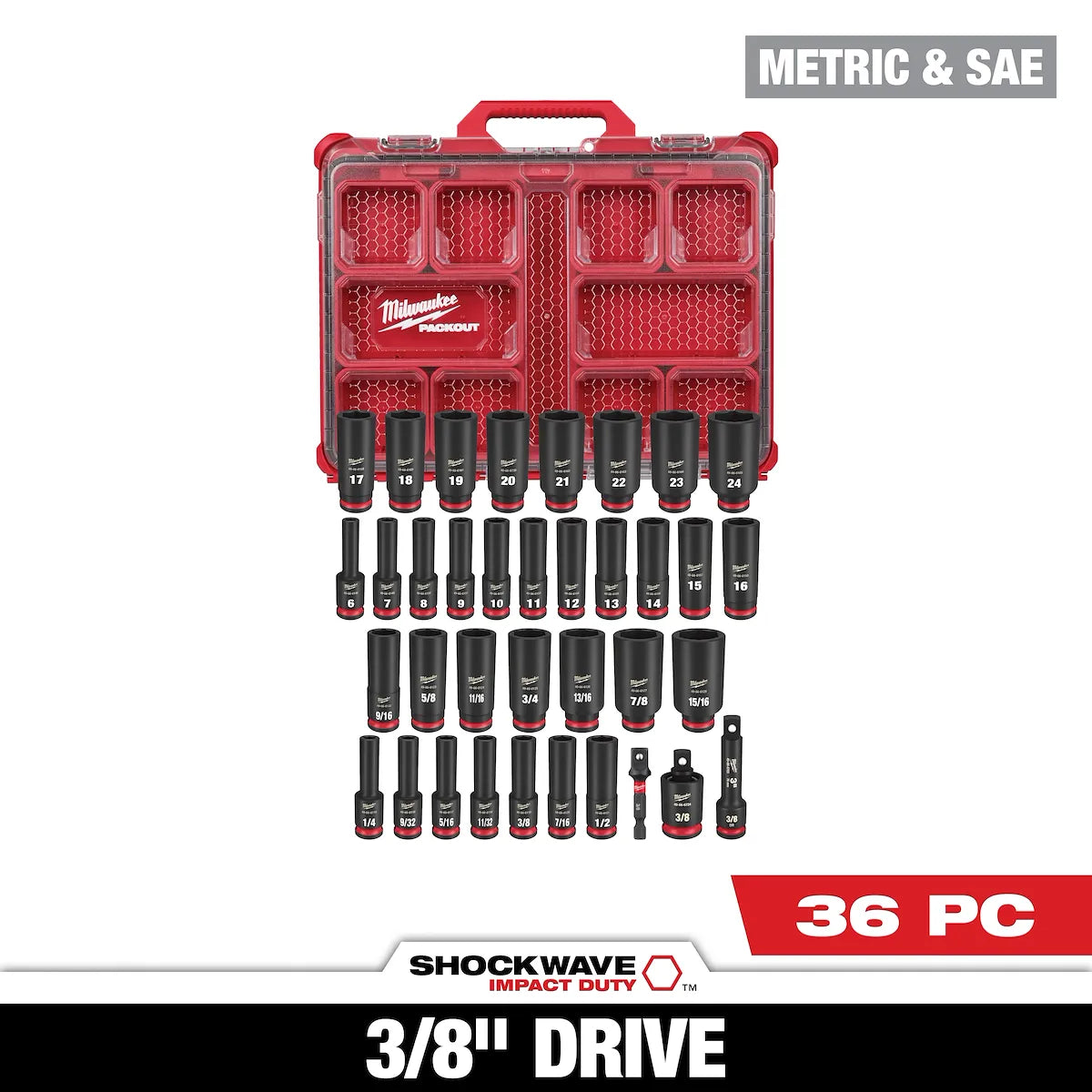 Milwaukee 36PC SHOCKWAVE Impact Duty Socket 3/8” Drive Set with PACKOUT 49-66-6805 | 3/8 in Drive, 36-Piece
