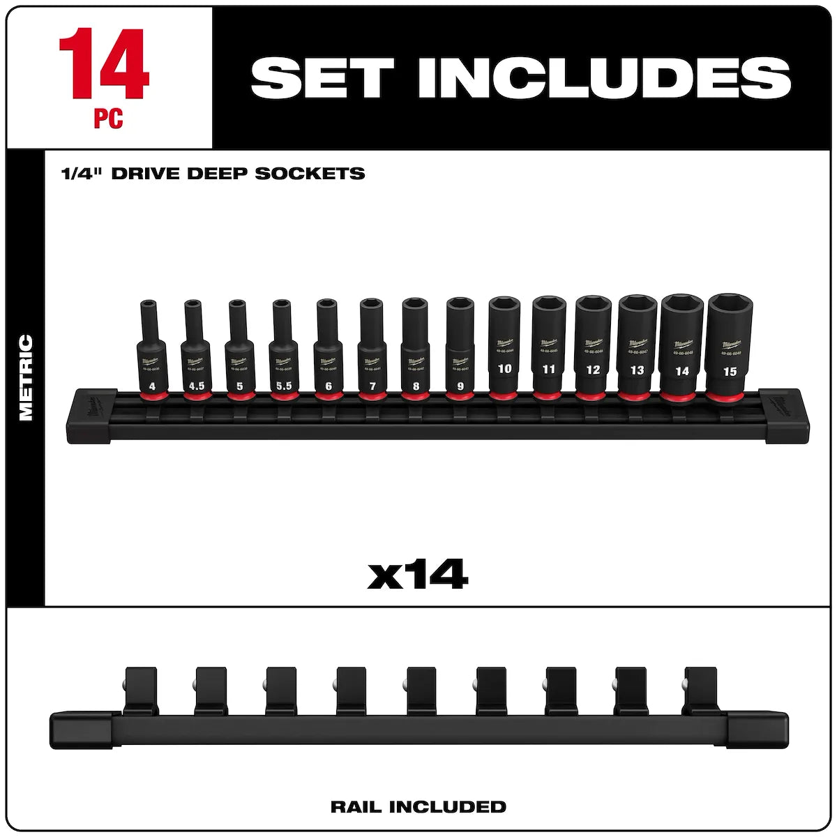 Milwaukee 14PC SHOCKWAVE Impact Duty Metric Deep 6 Point Socket Set 49-66-7003 | 1/4 in Drive, 14-Piece