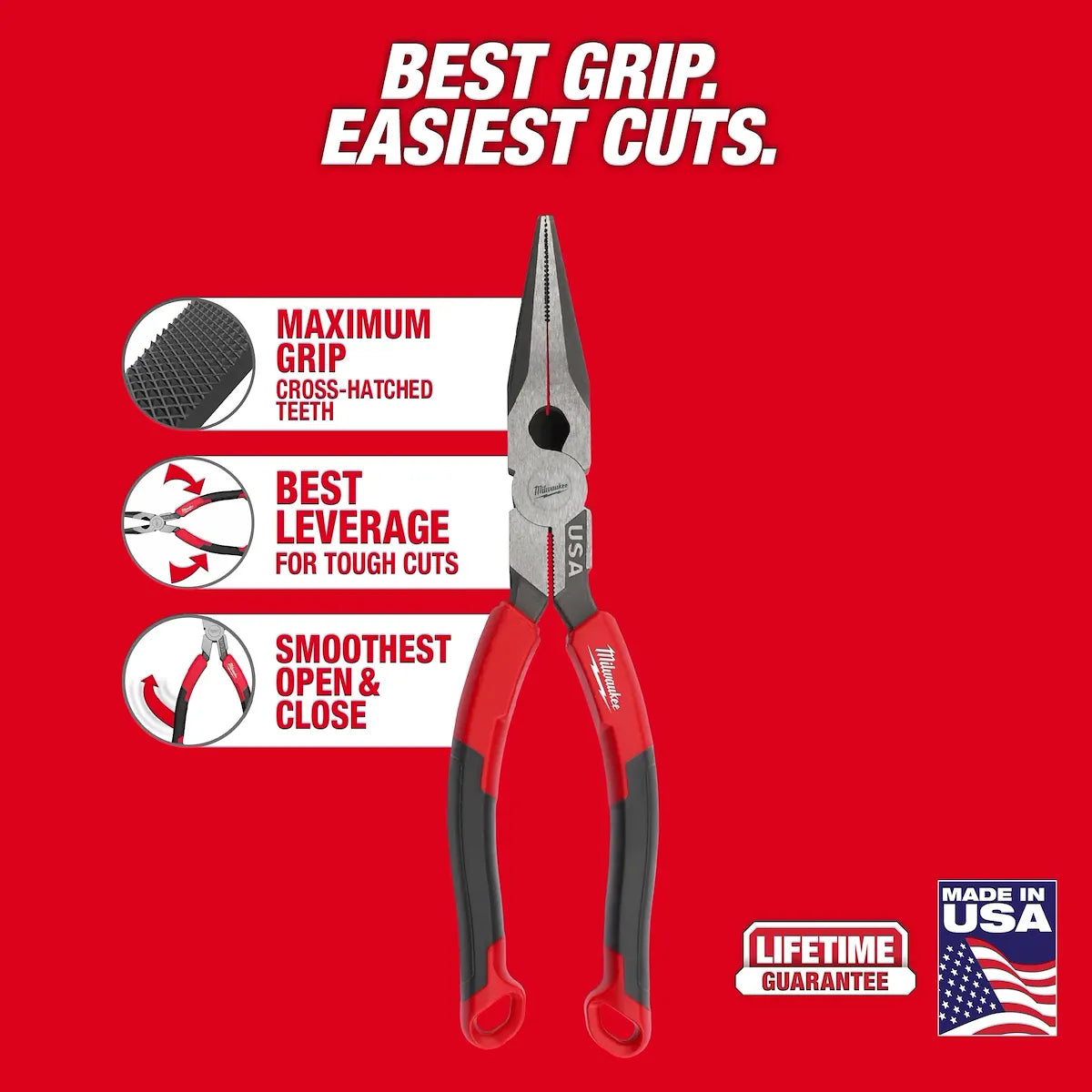 Milwaukee 8" Long Nose Comfort Grip Pliers (USA) MT555