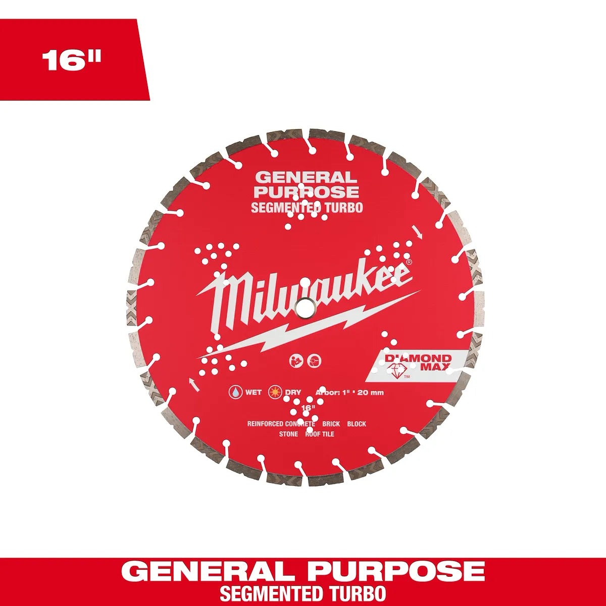 Milwaukee 16" DIAMOND MAX Segmented Turbo, General Purpose Diamond Blade 49-93-9016 | Diamond Coated