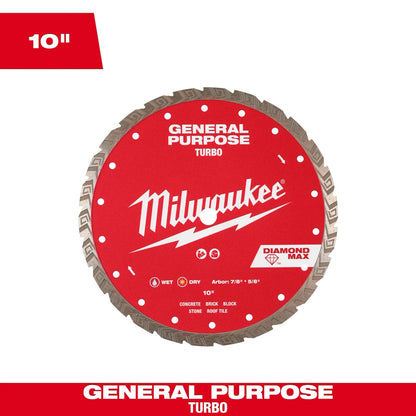 Milwaukee 10" DIAMOND MAX Turbo, General Purpose Diamond Blade 49-93-9110 | Diamond Coated