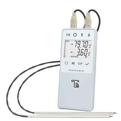 TraceableLIVE Ultra-Low Temperature Data Logger with Alarm Fahrenheit / Celsius -130° to +221°F (-90° to +105°C) 2 Stainless Steel Probes Multiple Mounting Options Battery Operated